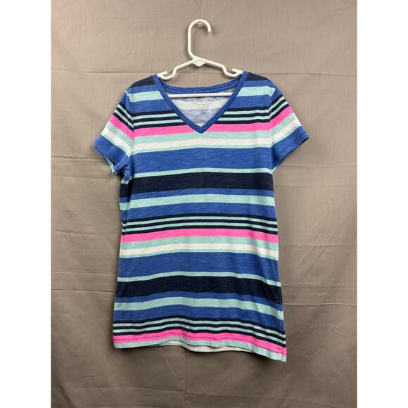 Cat & Jack Girls Striped V-Neck Short Sleeve Shirt, Size L (10/12) - Picture 1 of 6